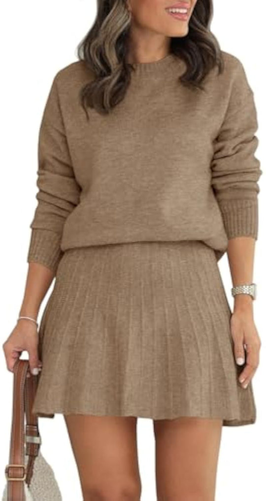 Damen Zweiteiliges Strick-Set mit Rundhals-Pullover und Plissée-Minirock Shop Nory