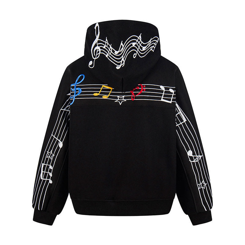 Damen Oversize Kapuzenpullover mit musikalischer Notenstickerei und geripptem Saum Shop Nory