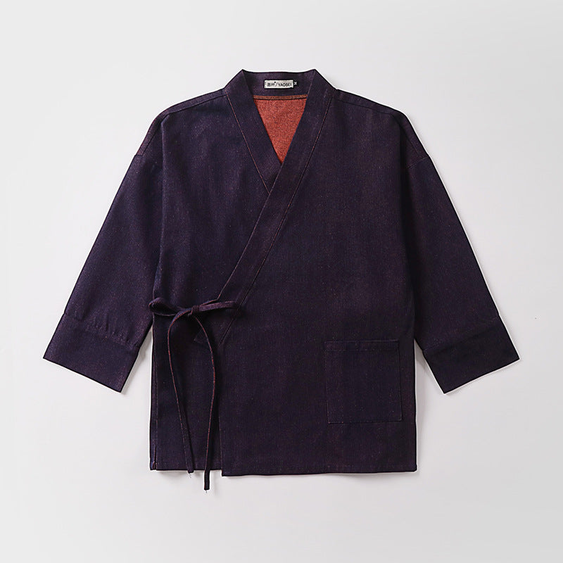 Unisex Leichte Wickel-Kimono-Jacke aus Leinen-Baumwollmix mit Kontrastbesatz und Bindegürtel Shop Nory