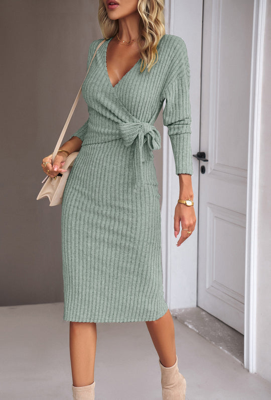 Damen Rippstrick-Wickelmidikleid mit Taillenschleife Shop Nory