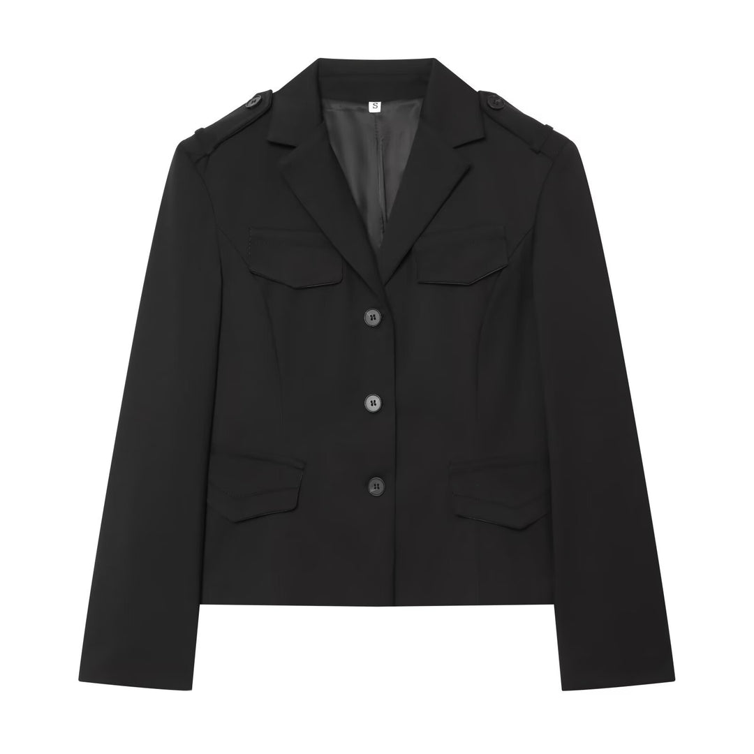 Damen Cropped Military-inspirierter Kurzblazer mit Schulterpatten und Pattentaschen Shop Nory