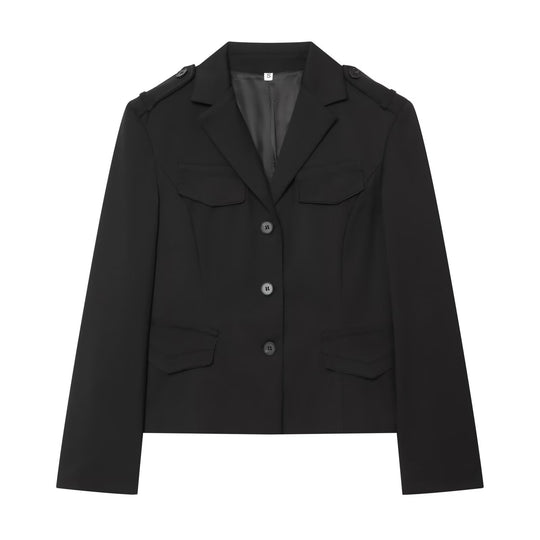 Damen Cropped Military-inspirierter Kurzblazer mit Schulterpatten und Pattentaschen Shop Nory