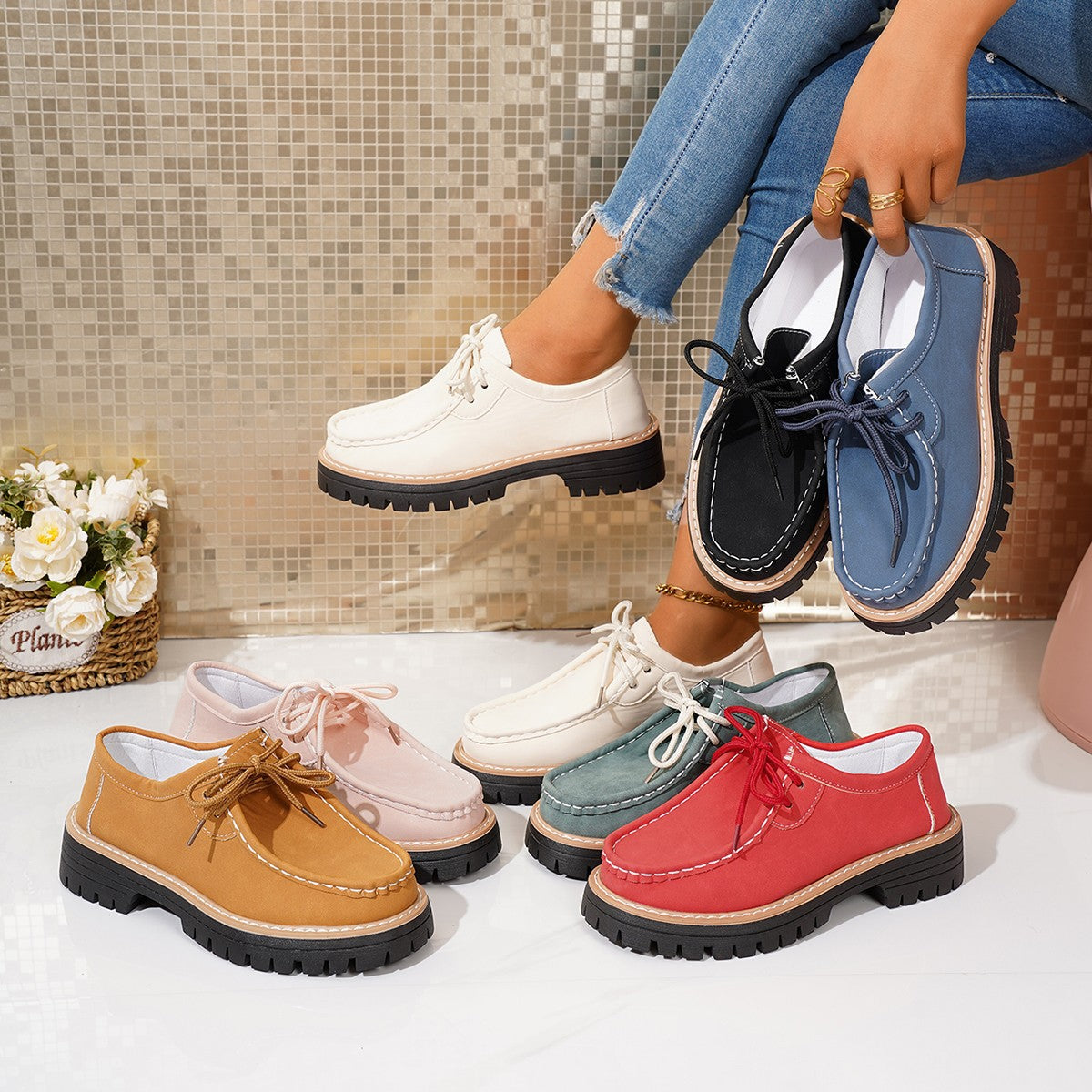 Damen modische Schnürschuhe mit robustem Profil und feinem Lederobermaterial