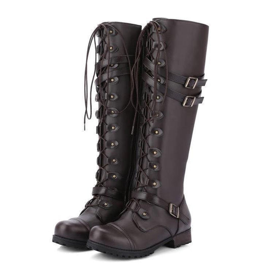 Damen Kniehohe Schnürstiefel mit verstellbaren Zierschnallen und robuster Profilsohle Shop Nory