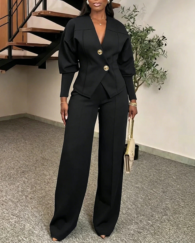 Damen Zweiteiliges tailliertes Blazer‑Hosen‑Set mit goldenen Zierknöpfen und weitem Palazzo-Bein Shop Nory