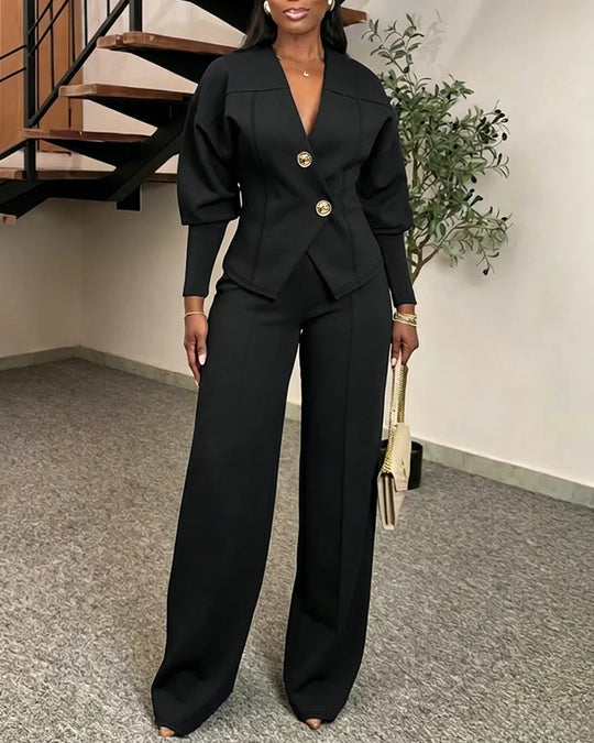 Damen Zweiteiliges tailliertes Blazer‑Hosen‑Set mit goldenen Zierknöpfen und weitem Palazzo-Bein Shop Nory