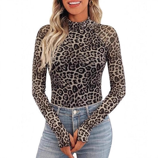 Damen Transparentes Mesh-Longsleeve mit Blumenprint und Stehkragen Shop Nory