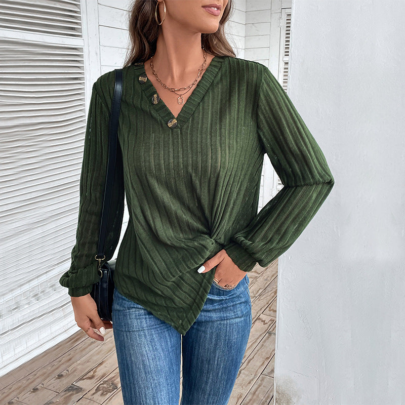 Damen Geripptes V-Ausschnitt Langarmshirt mit Twist-Knoten und Zierknöpfen Shop Nory