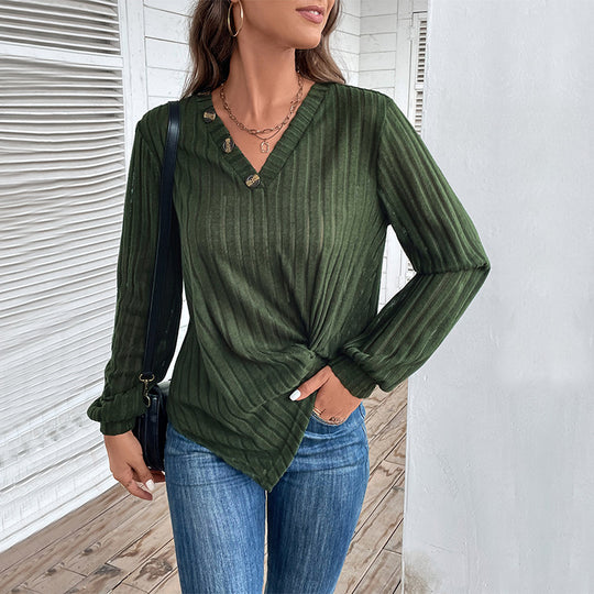 Damen Geripptes V-Ausschnitt Langarmshirt mit Twist-Knoten und Zierknöpfen Shop Nory