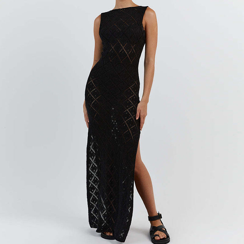 Damen Häkelkleid mit kreativem Rautenmuster und ärmellosem Schnitt