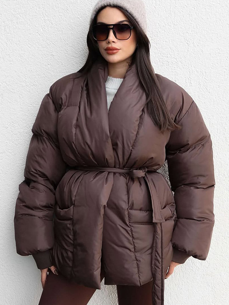 Damen Gesteppte Taillierte Steppjacke mit Schalkragen und Bindegürtel Shop Nory