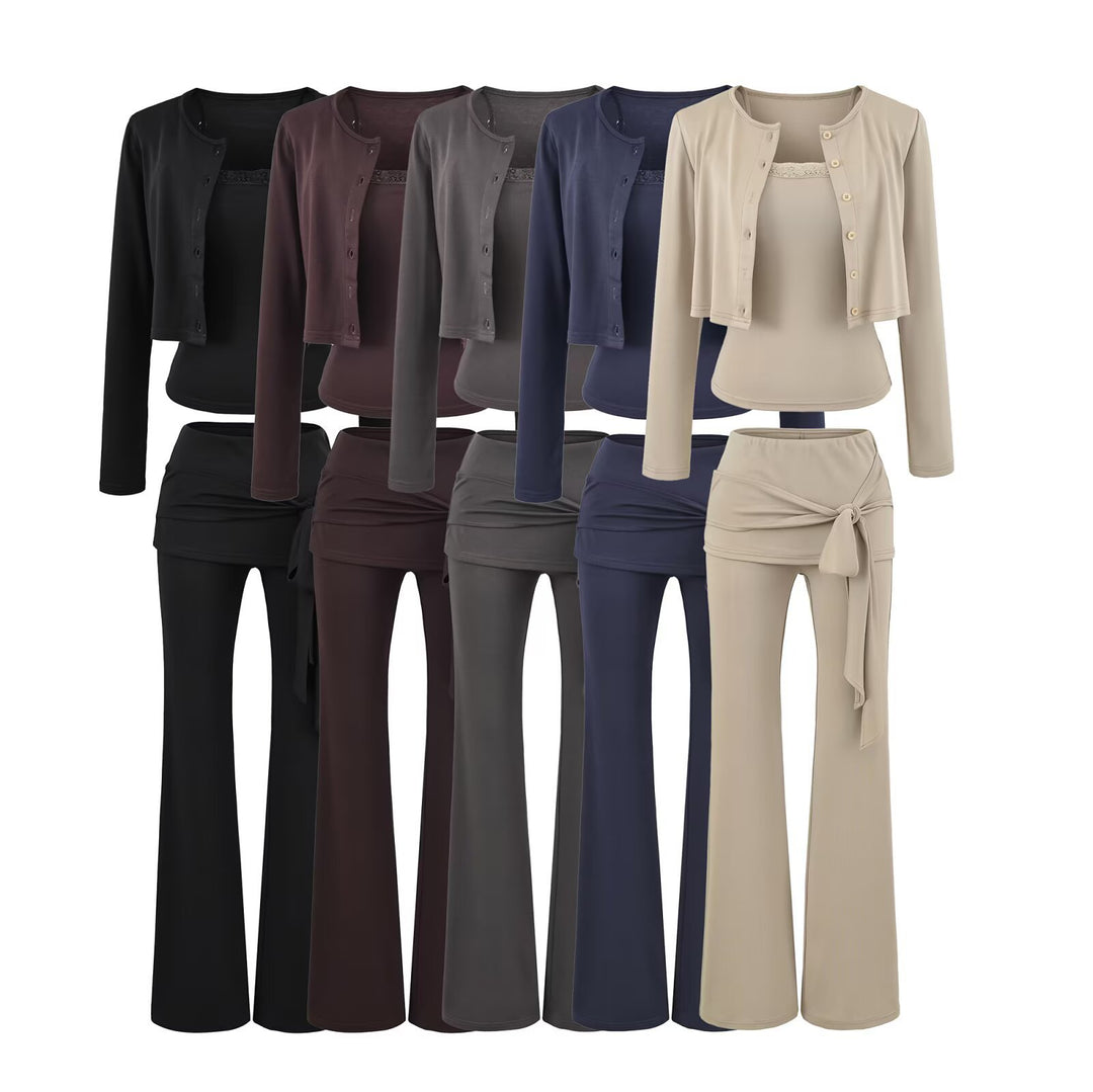 Damen dreiteiliges Lounge-Set mit kurzem Knopfcardigan, Spitzentop und Wickel-Schlaghose Shop Nory