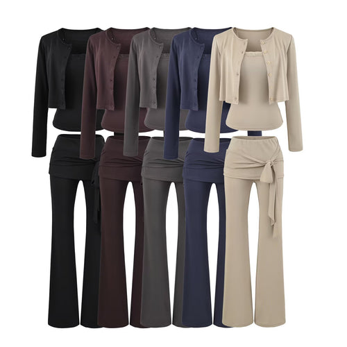 Damen dreiteiliges Lounge-Set mit kurzem Knopfcardigan, Spitzentop und Wickel-Schlaghose Shop Nory