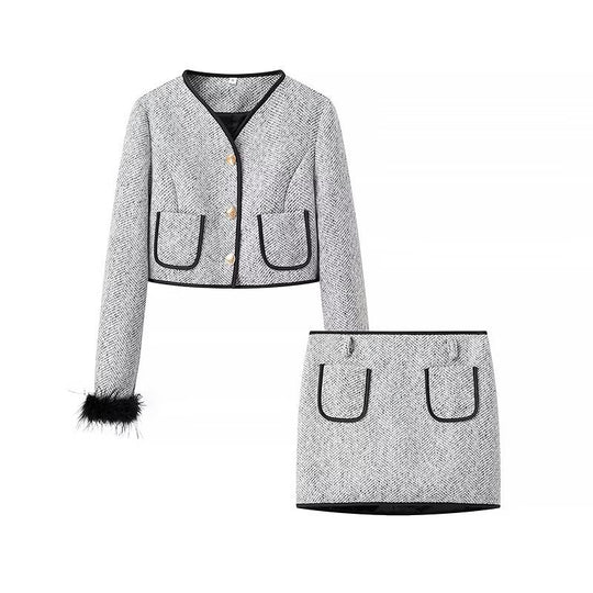 Damen Zweiteiliges Bouclé‑Tweed‑Set mit kurzem Blazer, Zierknöpfen und Minirock Shop Nory