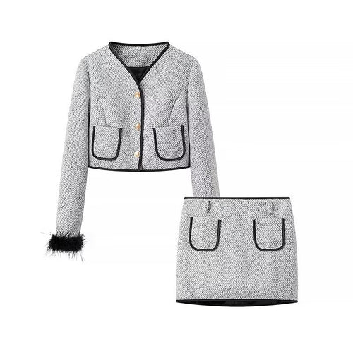 Damen Zweiteiliges Bouclé‑Tweed‑Set mit kurzem Blazer, Zierknöpfen und Minirock Shop Nory