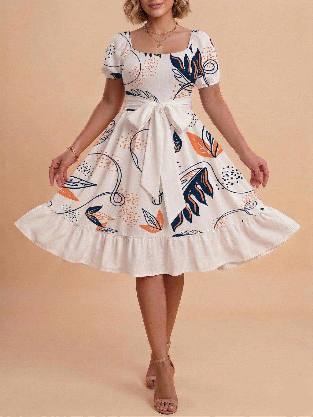 Damen Sommerliches Blumenkleid mit taillierbarem Gürtel und voluminösen Ärmeln