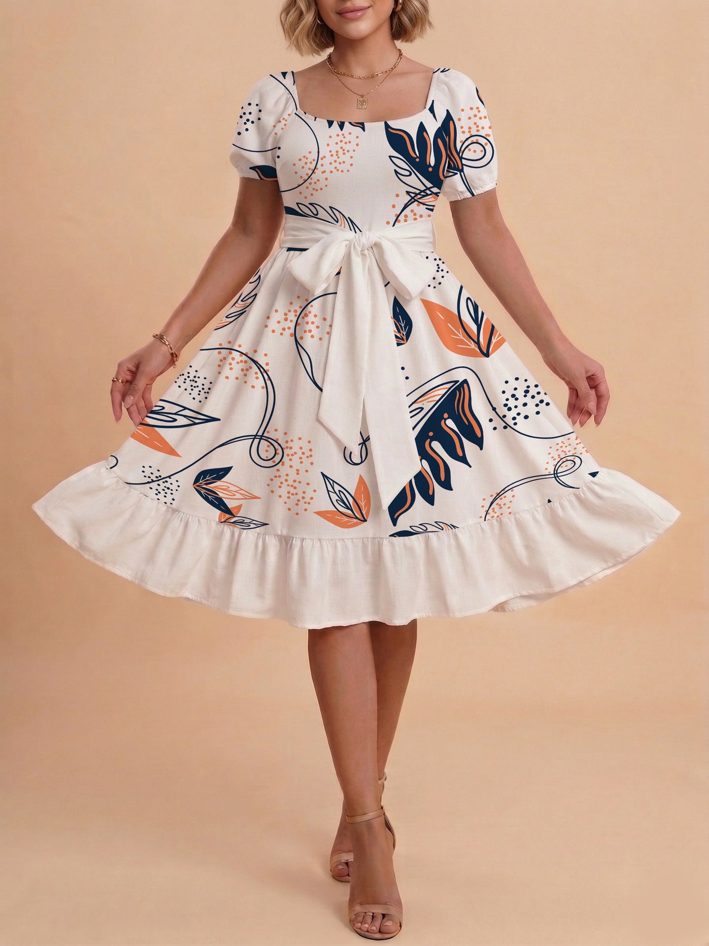 Damen Sommerliches Blumenkleid mit taillierbarem Gürtel und voluminösen Ärmeln