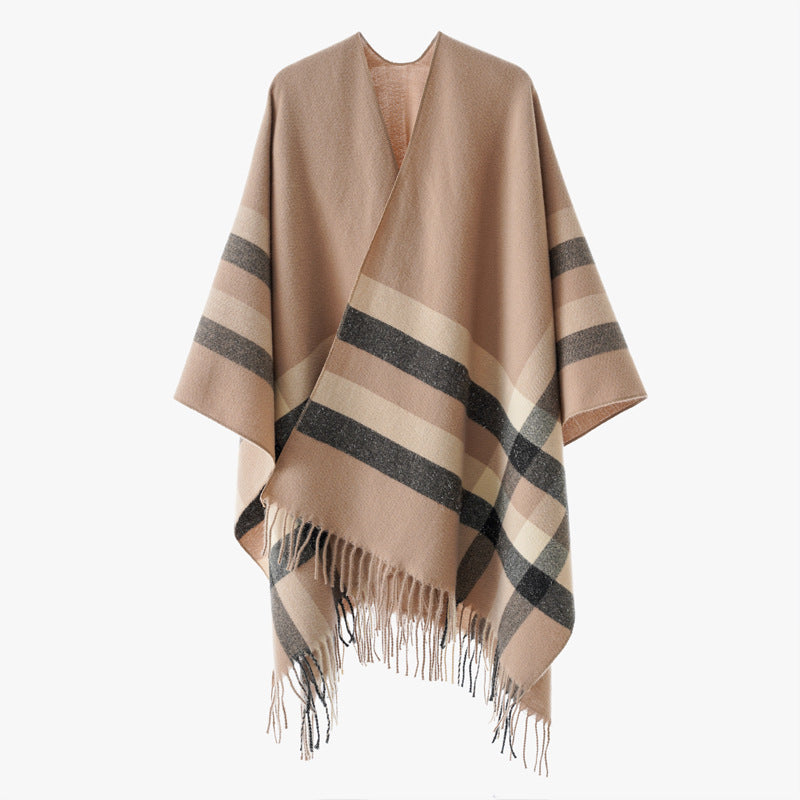 Damen Wollmix-Capeponcho im Oversize-Kimono mit Karomuster und Fransensaum Shop Nory