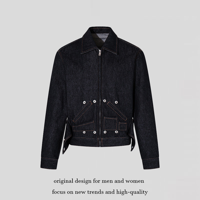 Damen Kurz geschnittene Denim-Workerjacke mit Reißverschluss, Kontrastnähten und Zierösen Shop Nory