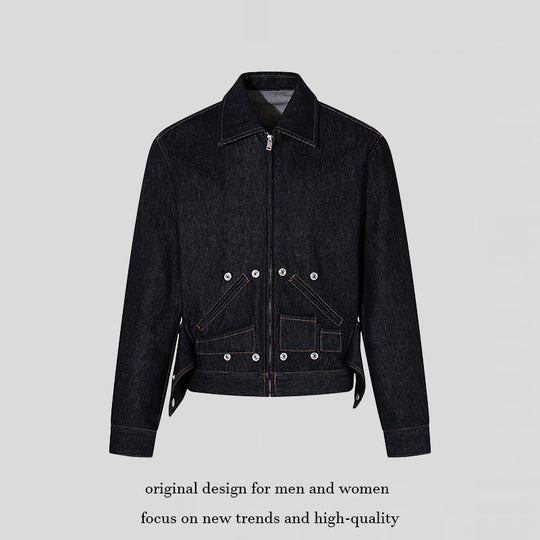 Damen Kurz geschnittene Denim-Workerjacke mit Reißverschluss, Kontrastnähten und Zierösen Shop Nory