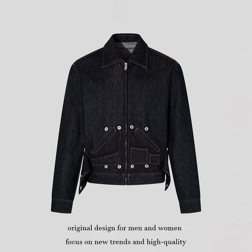 Damen Kurz geschnittene Denim-Workerjacke mit Reißverschluss, Kontrastnähten und Zierösen Shop Nory