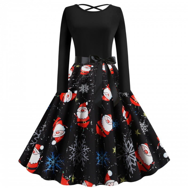 Damen Festliches Swingkleid mit Nikolausprint, tailliertem Satinband und gekreuztem Rückendetail Shop Nory
