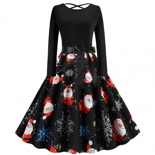 Damen Festliches Swingkleid mit Nikolausprint, tailliertem Satinband und gekreuztem Rückendetail Shop Nory