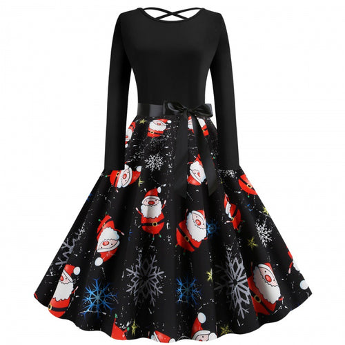 Damen Festliches Swingkleid mit Nikolausprint, tailliertem Satinband und gekreuztem Rückendetail Shop Nory