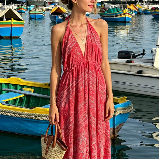 Damen Boho-Maxikleid mit Nackenband, Rückenfreiem Schnitt und Volant Shop Nory