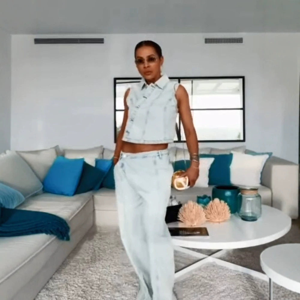 Damen Gekürztes ärmelloses Denim-Set mit taillierter Weste & weiter High-Waist-Hose Shop Nory