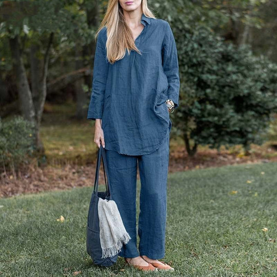 Damen Leinen-Loungewear-Set mit weitem Tunika-Hemd und lockerer Palazzo-Hose Shop Nory
