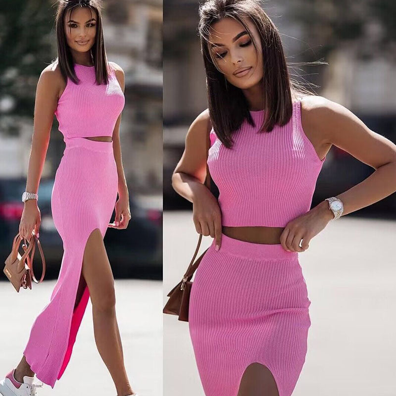 Damen Strick Set mit hohem Ausschnitt und seitlichem Schlitz
