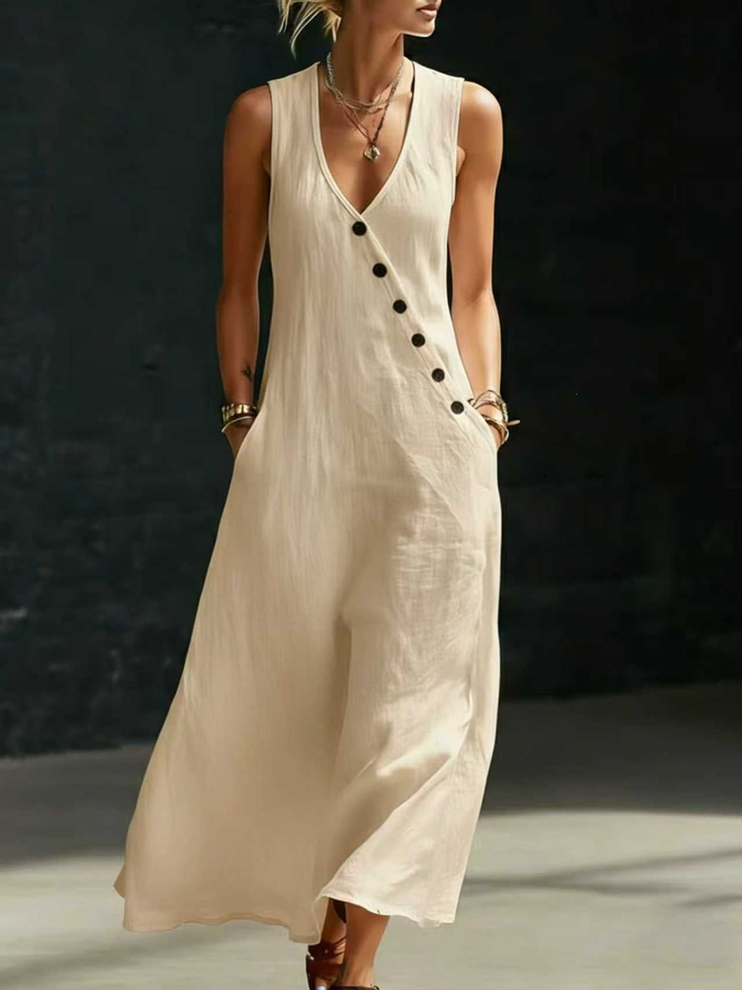 Damen Langarmkleid mit seitlichem Schlitz und Knopfdetails