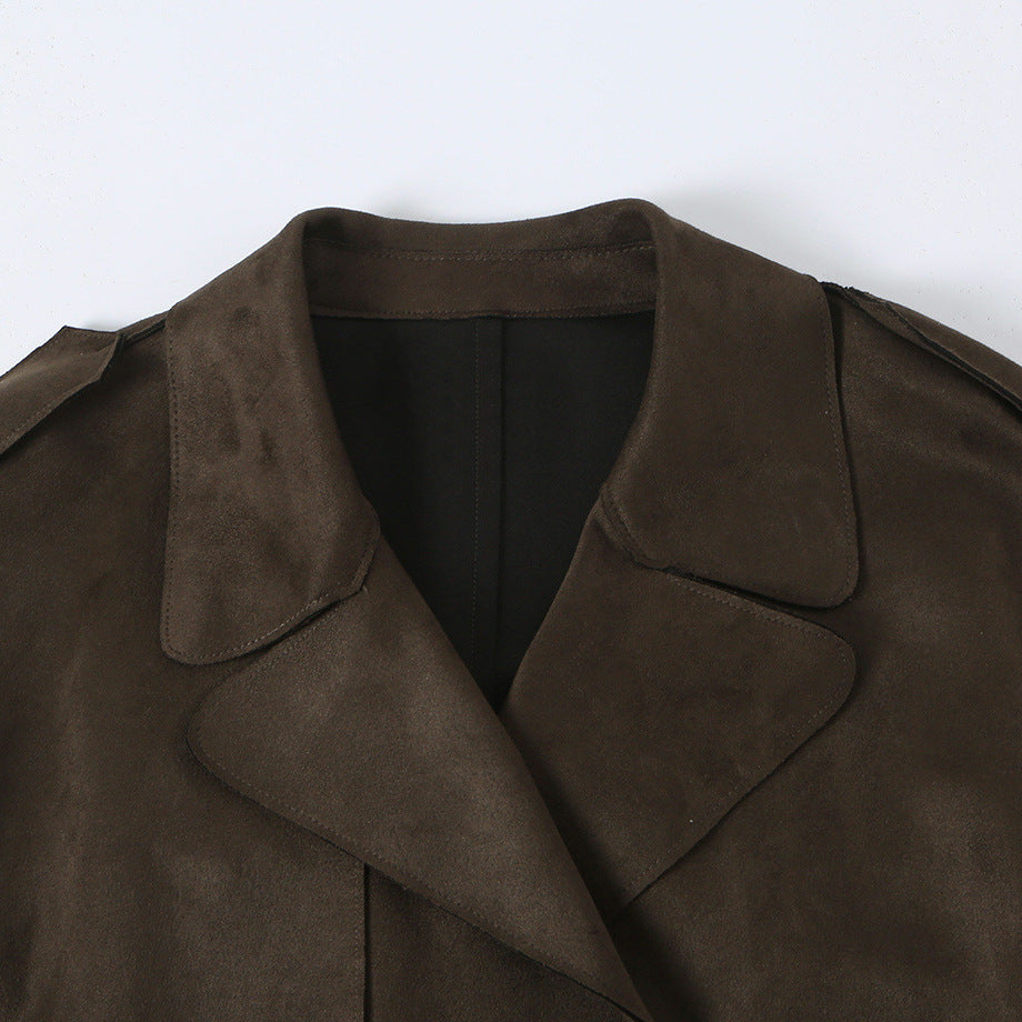 Damen Lang geschnittener Trenchcoat aus Velourslederoptik mit Bindegürtel Shop Nory