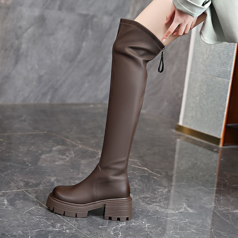 Damen Overknee-Stiefel mit robustem Blockabsatz und elastischem Schaft