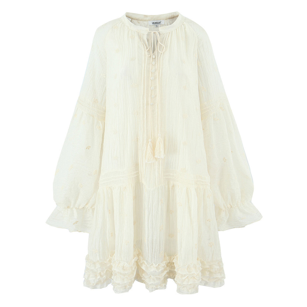 Damen Lockeres Boho-Minikleid mit Rüschen, Voluminösen Ballonärmeln und Quastenschnürung Shop Nory