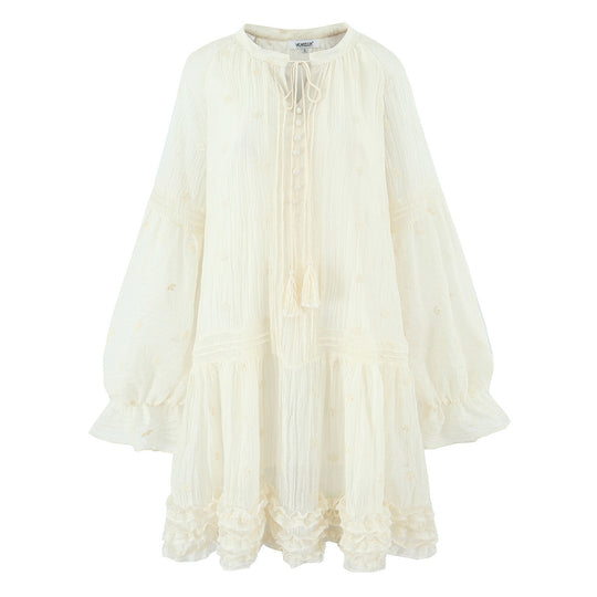 Damen Lockeres Boho-Minikleid mit Rüschen, Voluminösen Ballonärmeln und Quastenschnürung Shop Nory