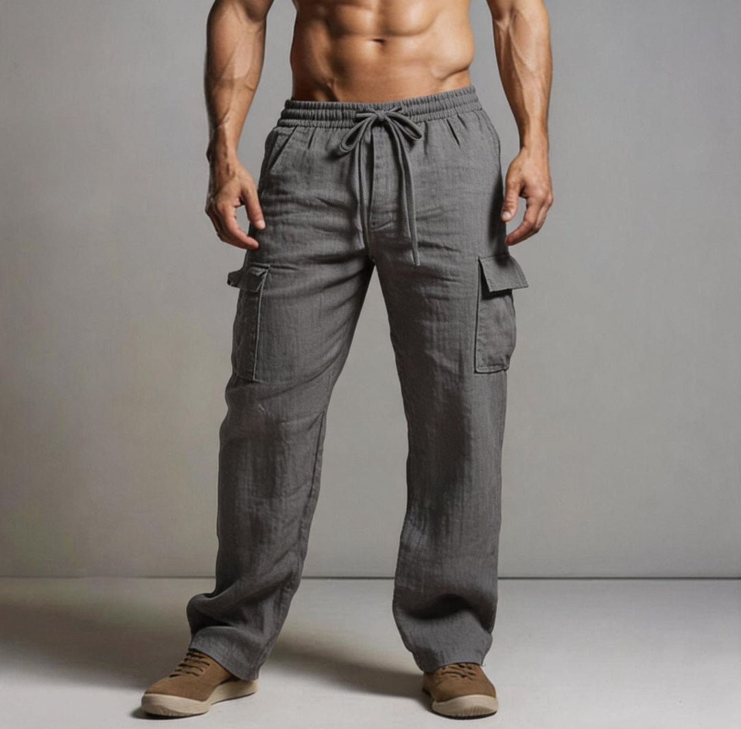 Herren leichte Leinen Cargohose mit elastischem Bund und großen Seitentaschen Shop Nory