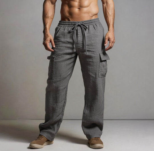 Herren leichte Leinen Cargohose mit elastischem Bund und großen Seitentaschen Shop Nory