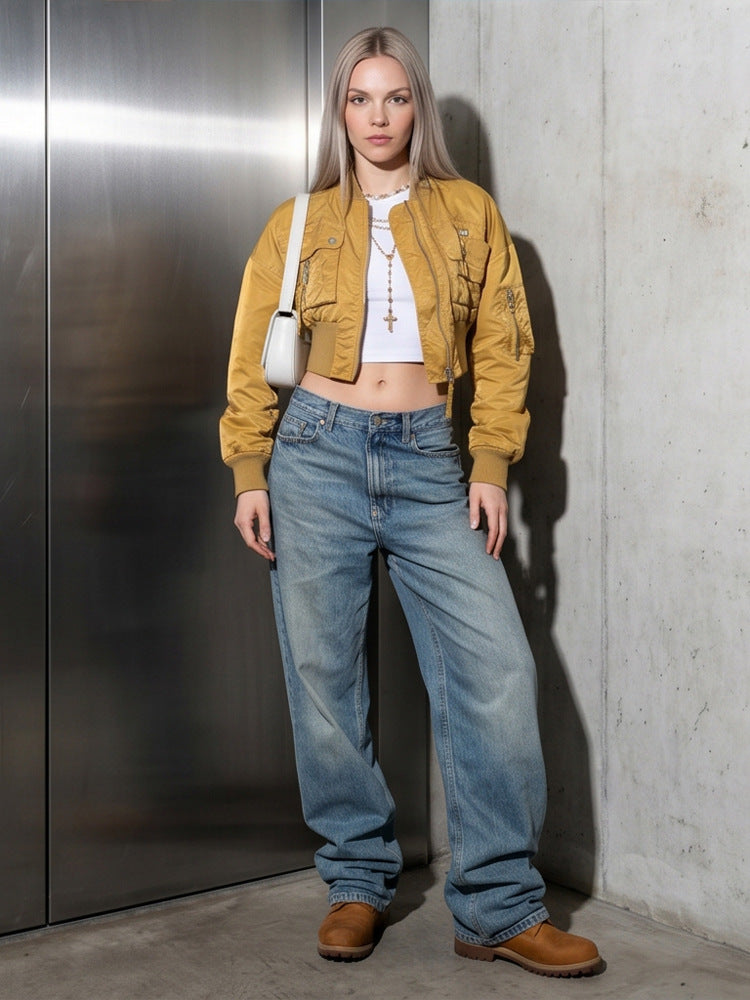Damen Kurz geschnittene Utility-Bomberjacke mit praktischen Taschen und Rippenbündchen Shop Nory
