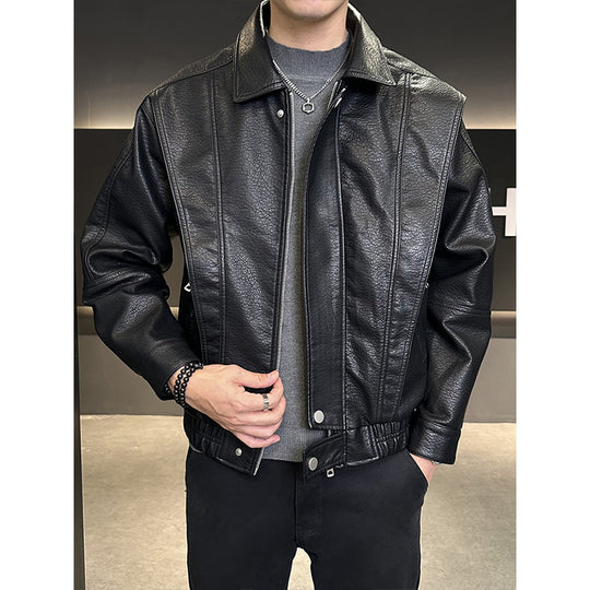 Herren Kurzer Oversized Lederimitat-Blouson mit Stehkragen, Reißverschluss und elastischem Saum Shop Nory