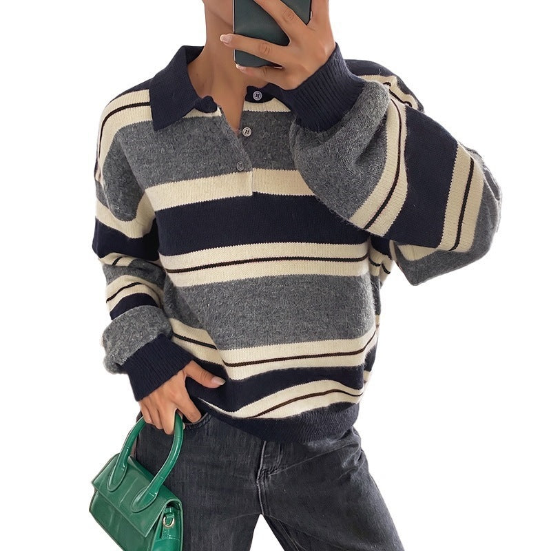 Damen Oversize-Polokragen-Strickpullover mit Streifenmuster und Raglanärmeln Shop Nory