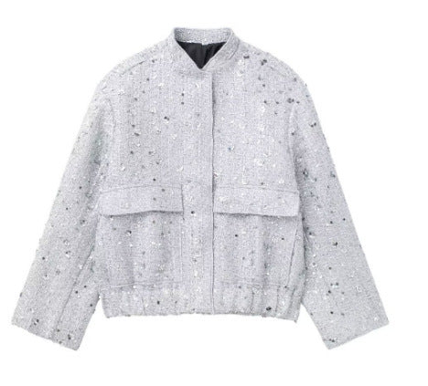 Damen verzierte Bouclé-Bomberjacke mit Pailletten und Strass Shop Nory