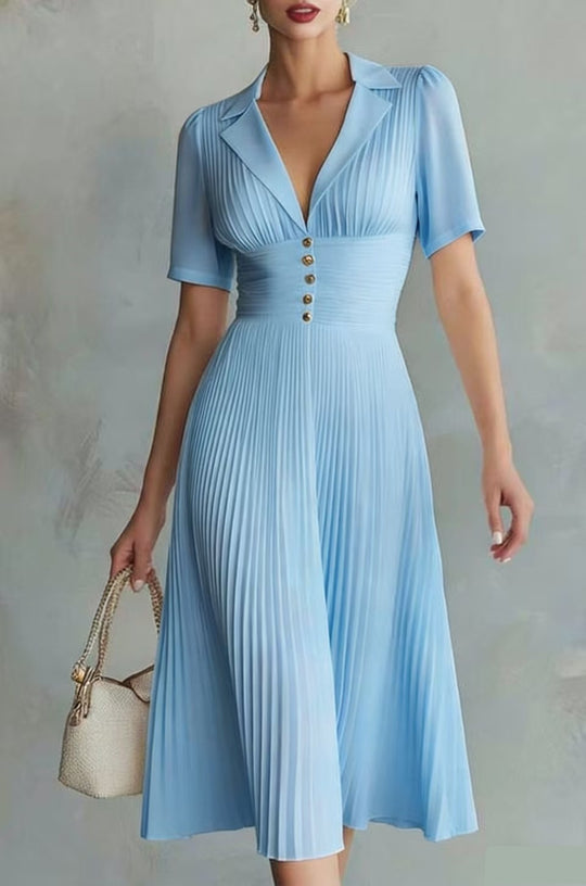 Damen Plissiertes Midikleid mit Reverskragen, tailliertem Raffung-Bund und Zierknöpfen Shop Nory