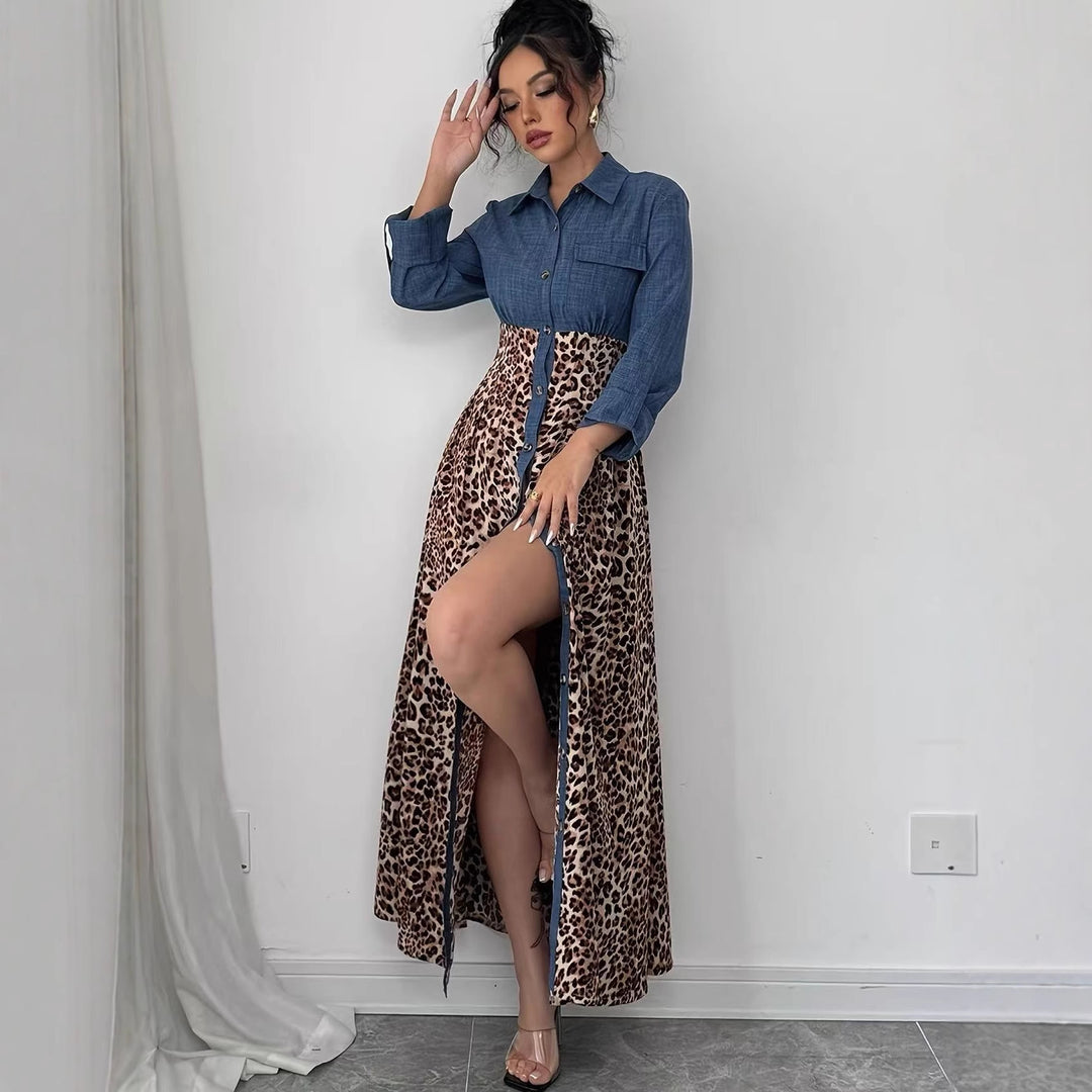 Damen Hemdblusenkleid mit Jeansoberteil und Leoparden-Maxirock Shop Nory