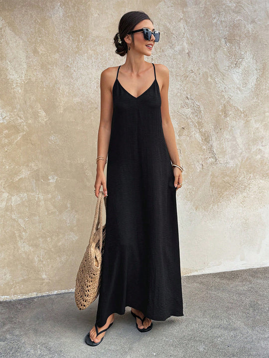 Damen Fließendes Maxikleid mit Spaghettiträgern, V-Ausschnitt und sommerlicher Leinenoptik Shop Nory