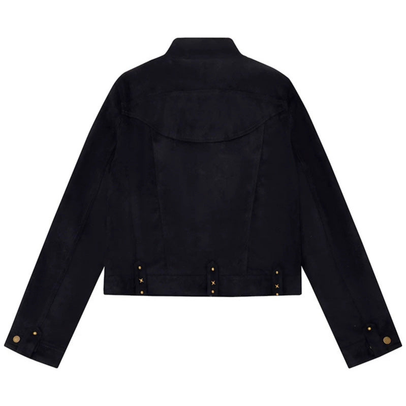 Damen Kurz geschnittene Velourslederjacke mit Stehkragen, Zier‑Nieten und Pattentaschen Shop Nory