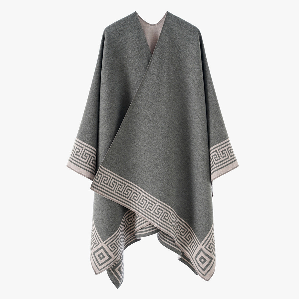 Damen Poncho‑Cape mit griechischer Bordüre, V‑Ausschnitt und kastigem Oversize‑Schnitt Shop Nory