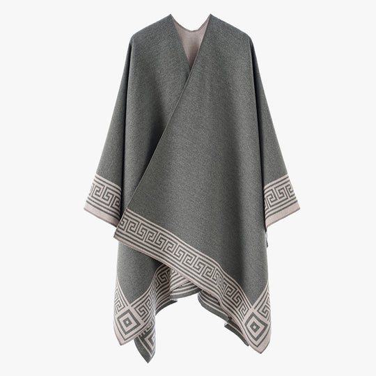 Damen Poncho‑Cape mit griechischer Bordüre, V‑Ausschnitt und kastigem Oversize‑Schnitt Shop Nory