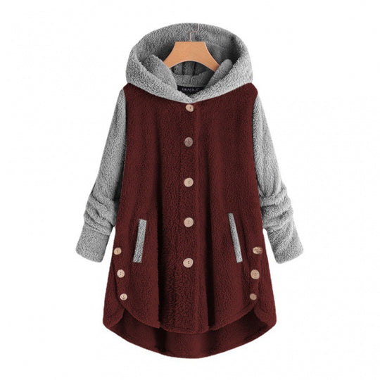 Damen Oversized Teddy-Mantel mit Kapuze, asymmetrischem Zipfelsaum und Holzknopf-Leiste Shop Nory